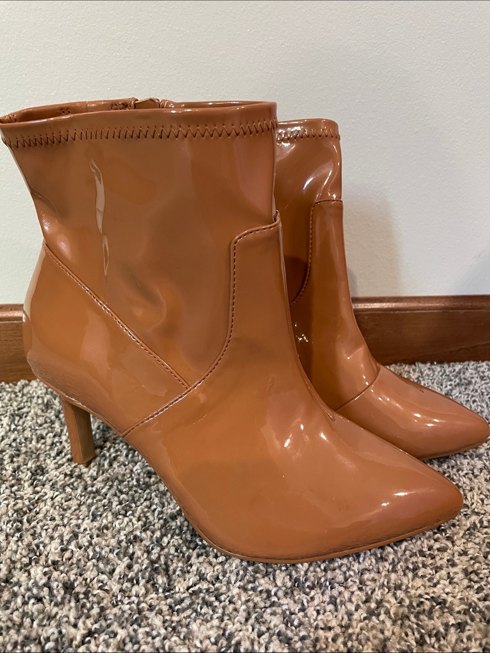 Torrid Patent Pointed-Toe Ankle Boots in Cognac 7.5
